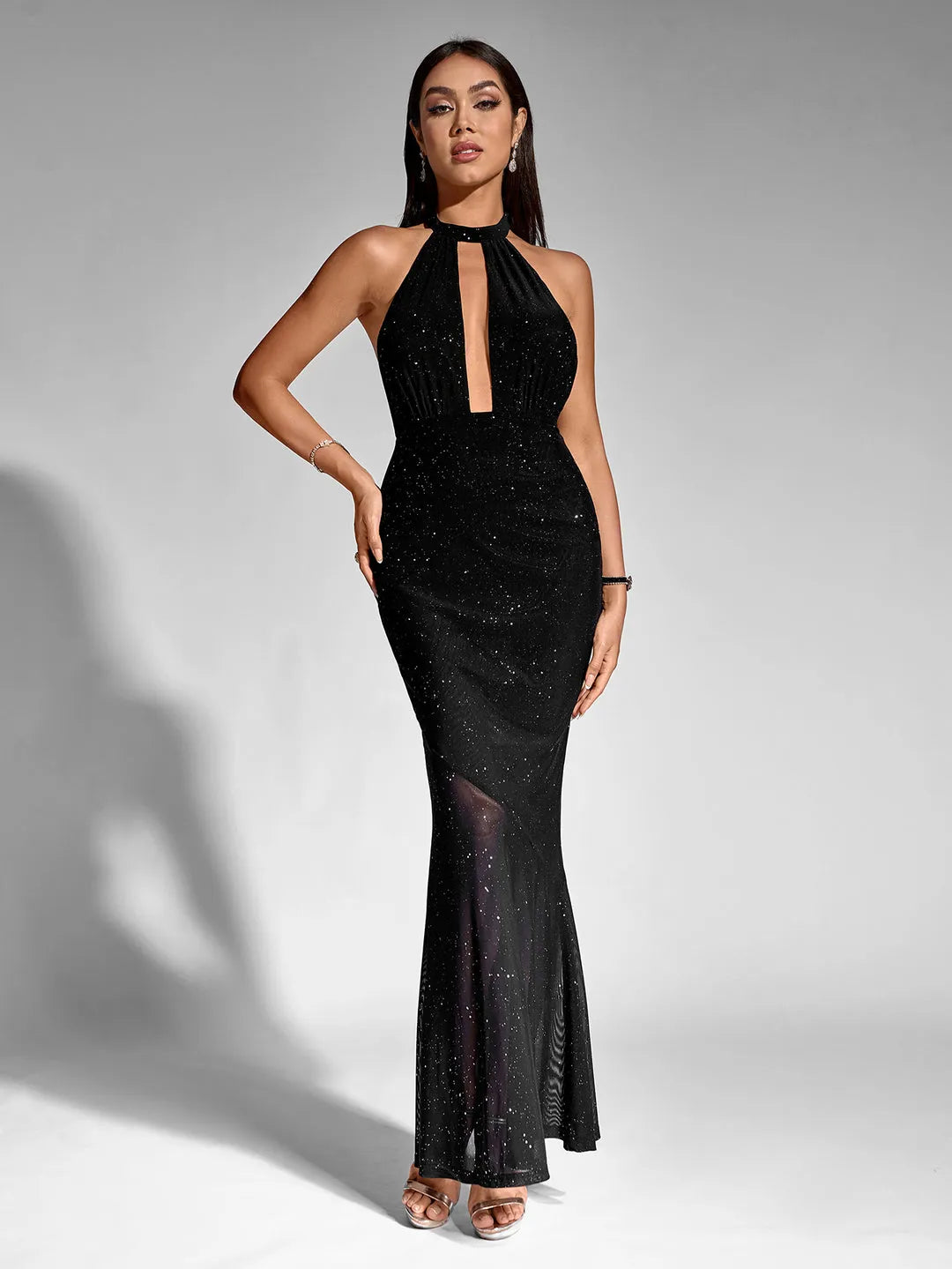 Glamorous Black Mermaid Halter Neck Sleeveless Open Back Floor-Length Sequin Prom Dresses