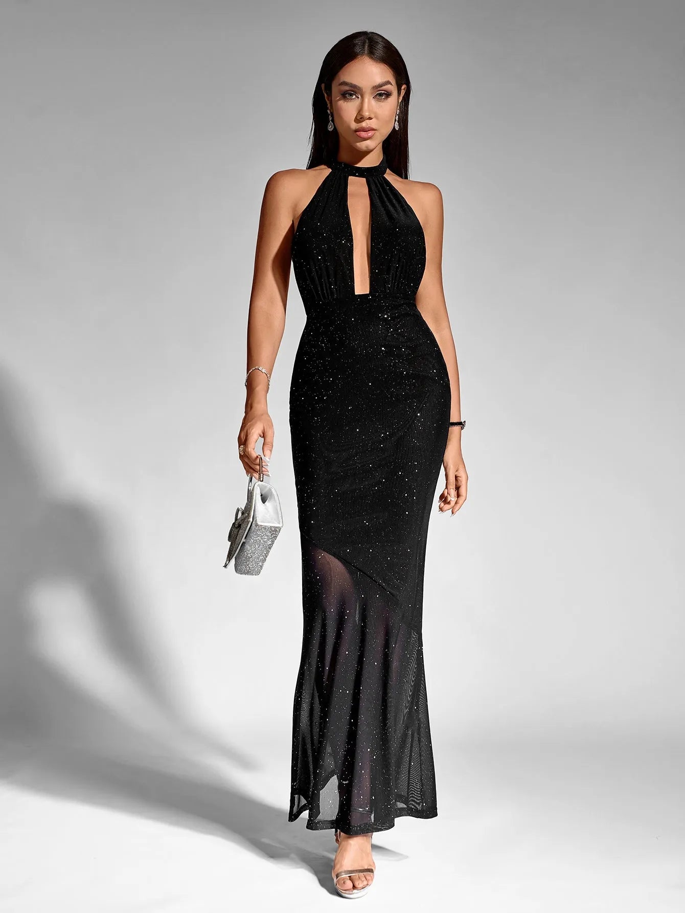 Glamorous Black Mermaid Halter Neck Sleeveless Open Back Floor-Length Sequin Prom Dresses