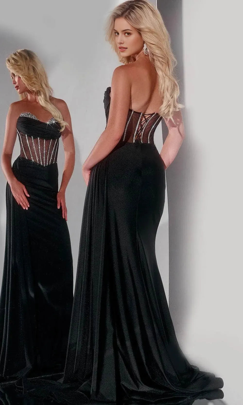 Glamorous Black Mesh and Satin Prom Gown with Rhinestone Embellished Corset and High Slit for Formal Occasions