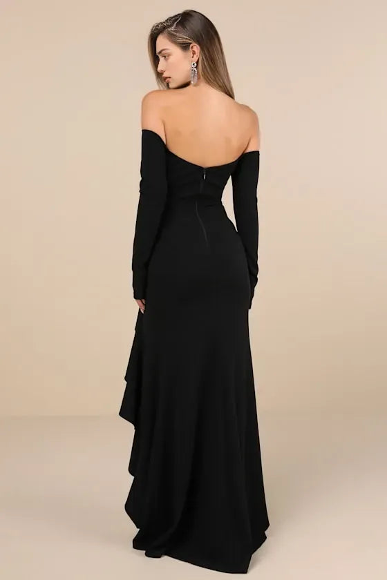 Glamorous Black Off - Shoulder Evening Dress with Long Sleeves Wrap Design and Dramatic Ruffled Slit Command Attention