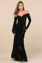 Glamorous Black Off - Shoulder Evening Dress with Long Sleeves Wrap Design and Dramatic Ruffled Slit Command Attention