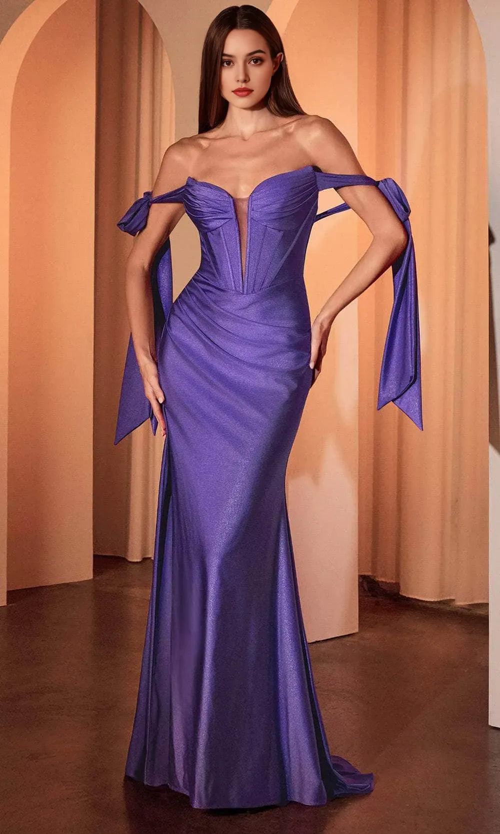Glamorous Black Off - Shoulder Evening Dress with Sheer Corset Detail Bow Tied Sleeves and High Side Slit for Formal Events