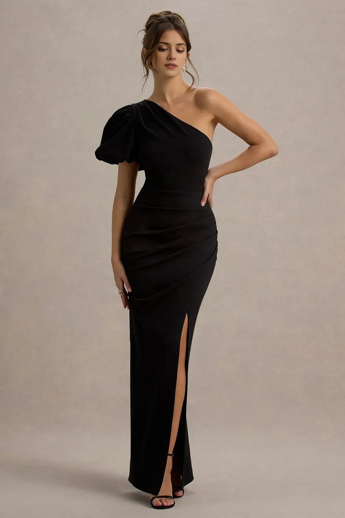 Glamorous Black One - Shoulder Prom Dress with Puff Sleeve Ruched Bodycon Silhouette Side Slit Perfect for Evening Balls Formal Galas and Sophisticated Soirees