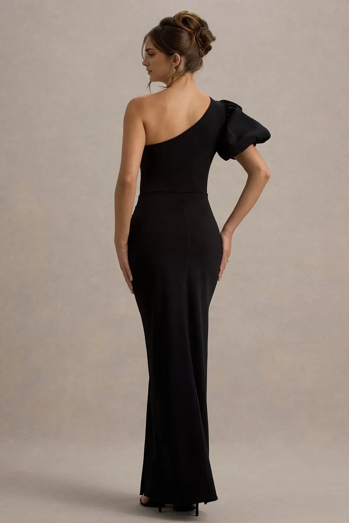 Glamorous Black One - Shoulder Prom Dress with Puff Sleeve Ruched Bodycon Silhouette Side Slit Perfect for Evening Balls Formal Galas and Sophisticated Soirees