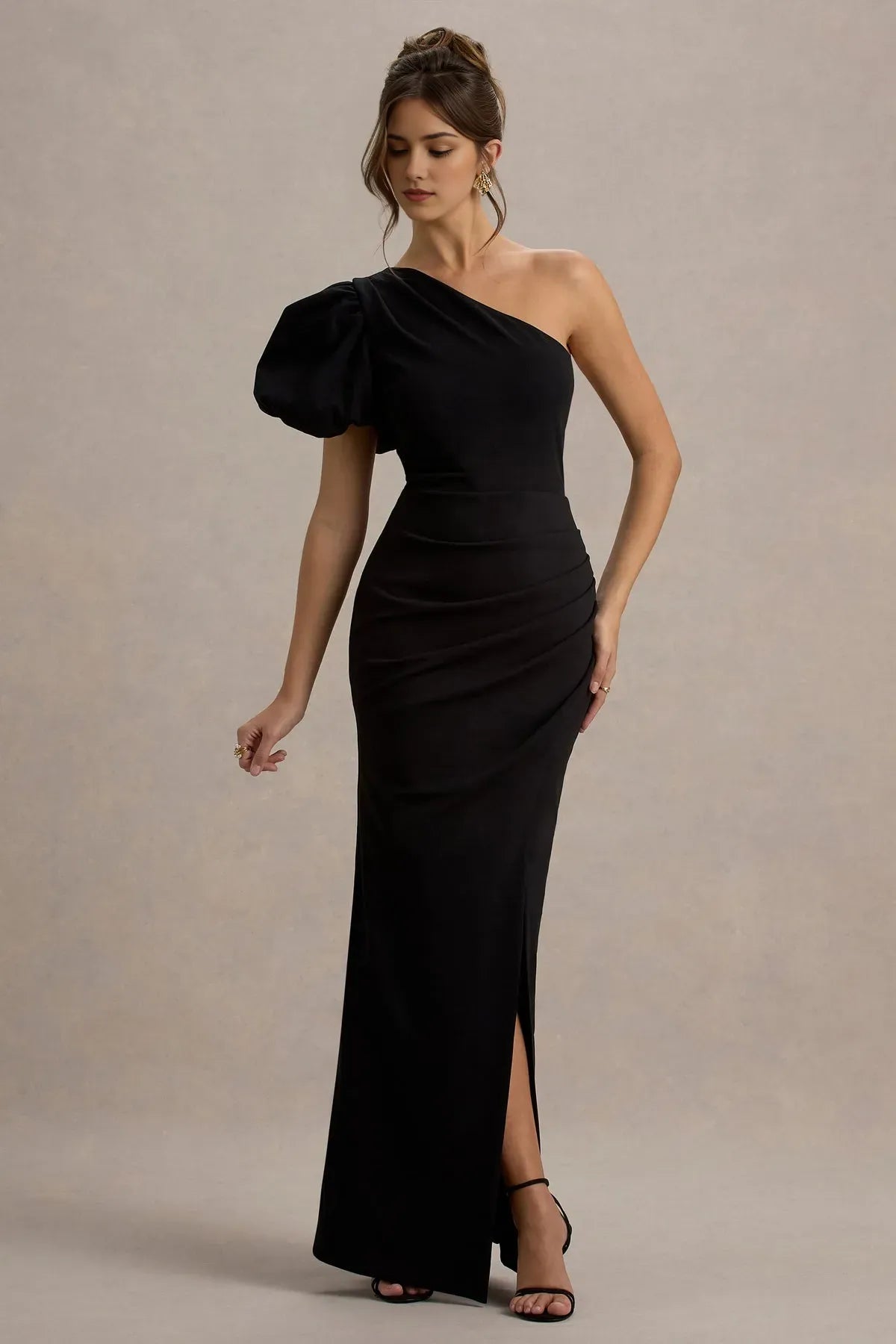 Glamorous Black One - Shoulder Prom Dress with Puff Sleeve Ruched Bodycon Silhouette Side Slit Perfect for Evening Balls Formal Galas and Sophisticated Soirees