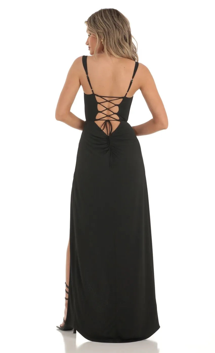 Glamorous Black Prom Gown with Asymmetric Shoulder Strap Lace  Accented Bodice and Side Slit  A Showstopper for Prom Events