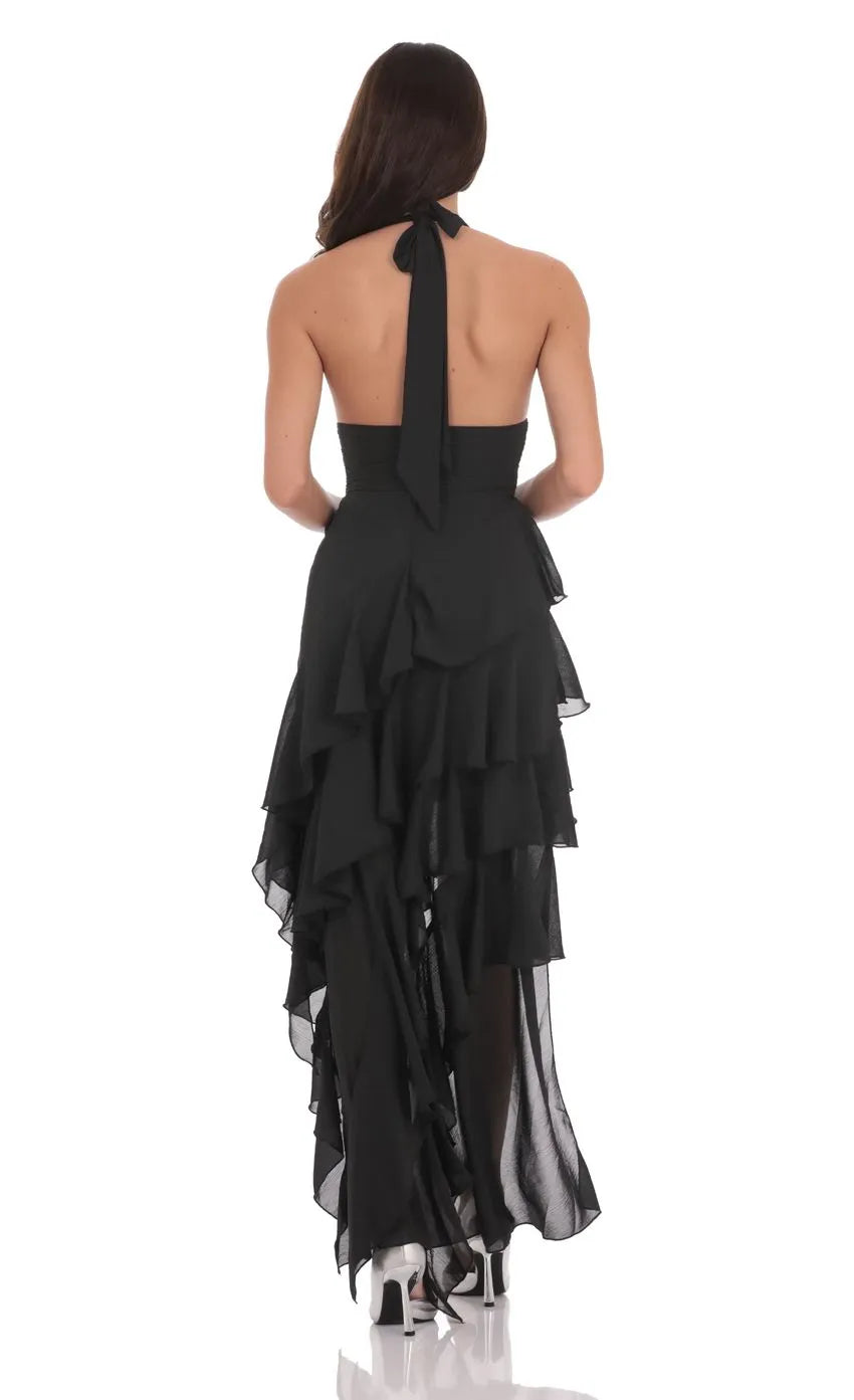 Glamorous Black Prom Gown with Halter Neck Plunging V Line Ruched Midsection and Tiered High Low Ruffled Skirt