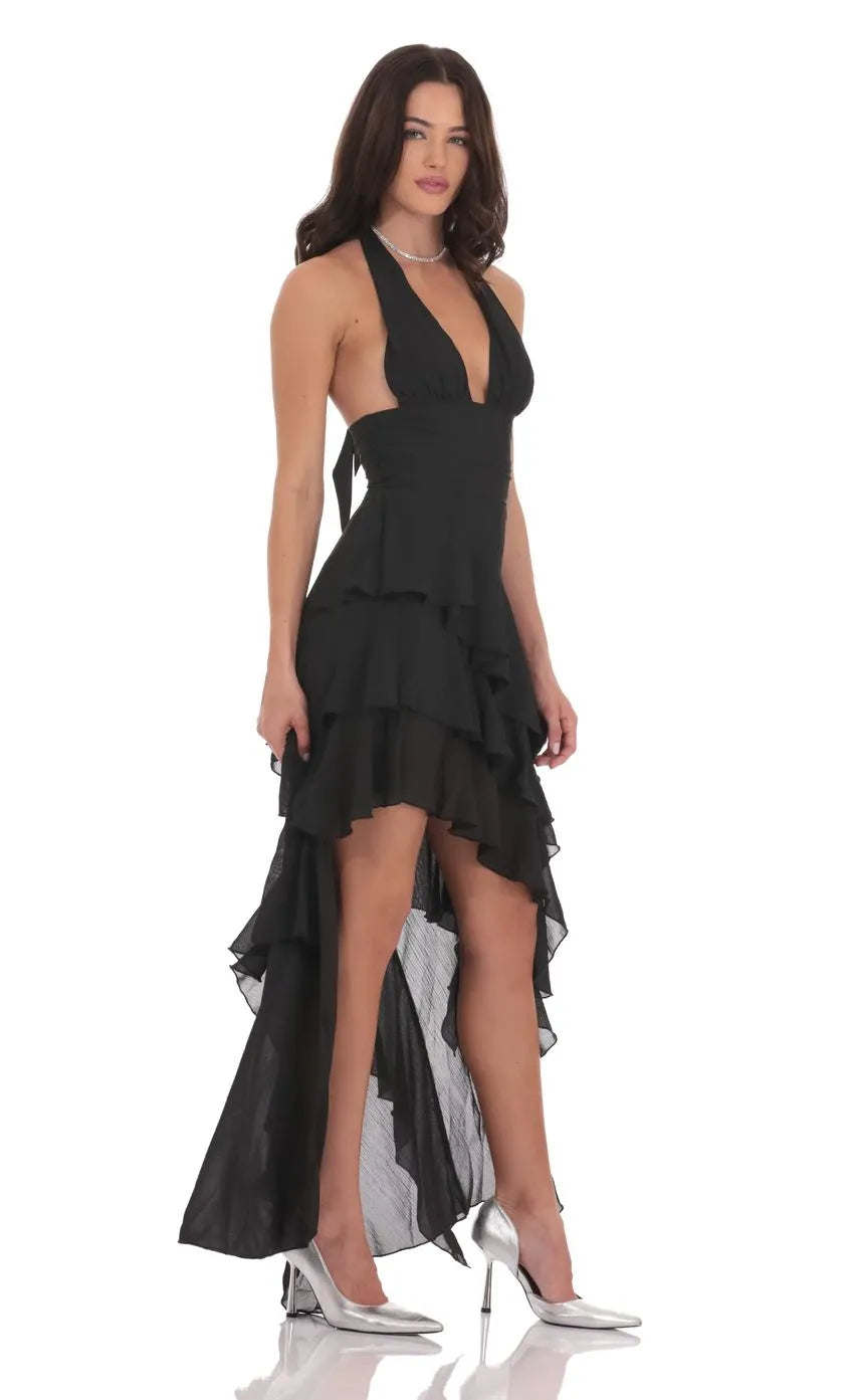 Glamorous Black Prom Gown with Halter Neck Plunging V Line Ruched Midsection and Tiered High Low Ruffled Skirt