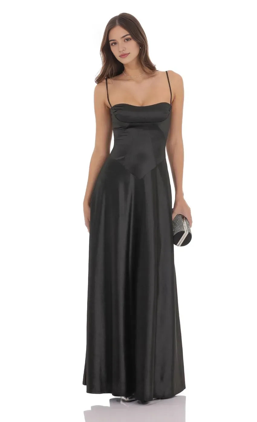 Glamorous Black Prom Gown with Spaghetti Straps Structured Sweetheart Neck and Satin Flare  A Showstopper for Prom Events