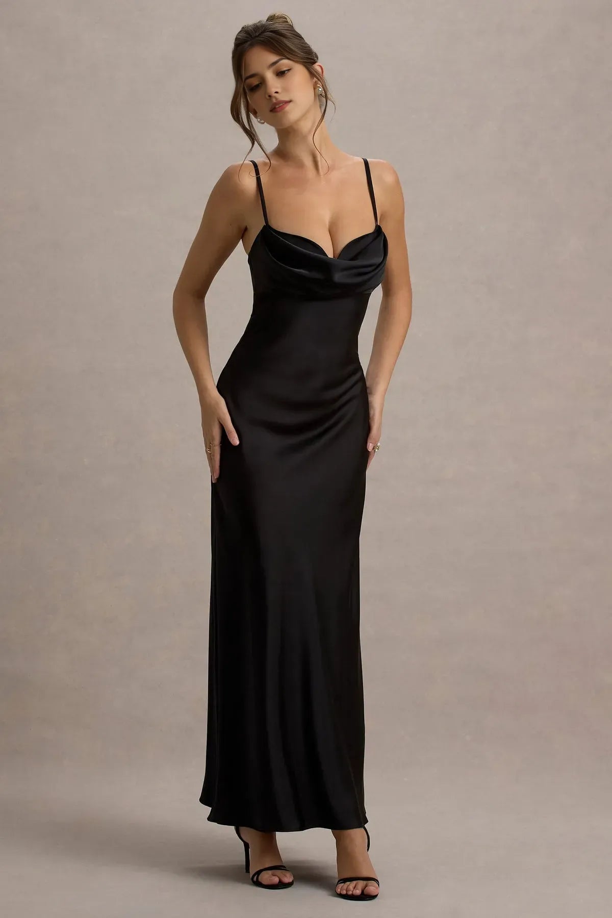 Glamorous Black Satin Cowl Neck Prom Dresses with Thin Straps  A Perfect Blend of Elegance and Allure for Formal Evenings