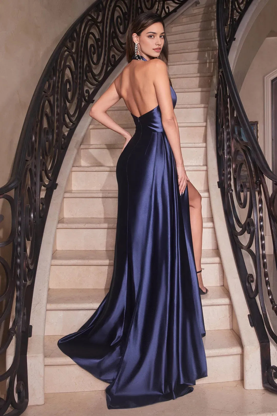 Glamorous Black Satin Halter - Neck Prom Dress with Draped Accent and High Slit