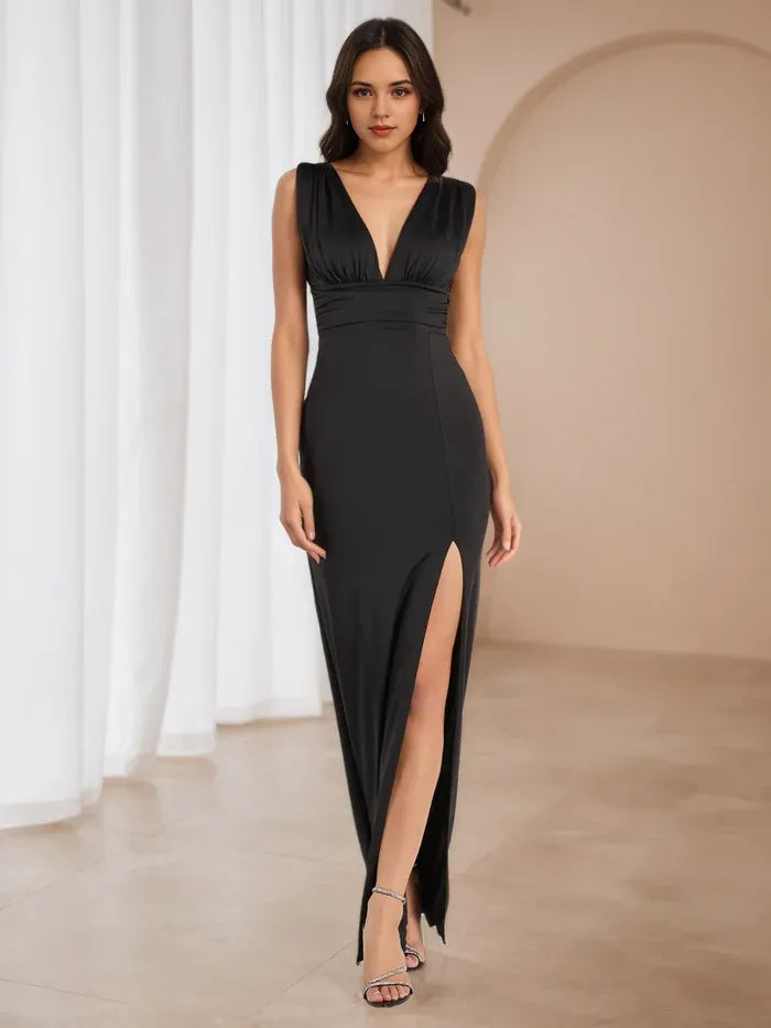 Glamorous Black Satin Prom Dress Plunge V - Neckline Sleeveless Fit  Sculpted Design to Elevate Gala Style