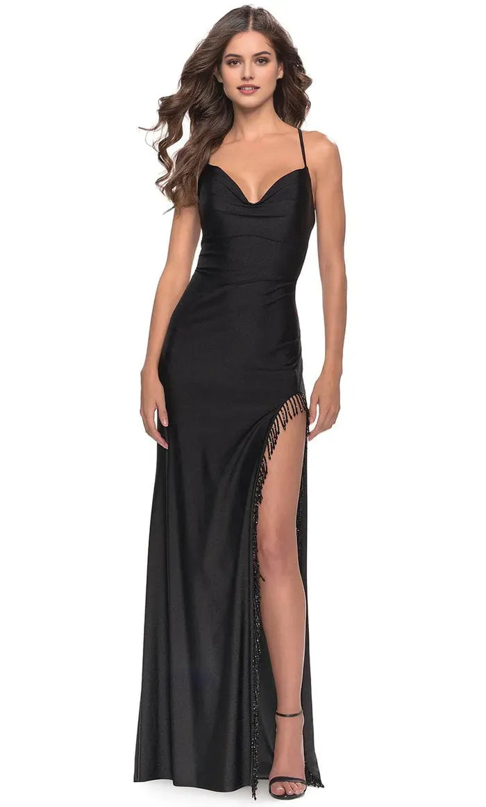 Glamorous Black Satin Prom Dress with Sparkling Beaded Fringe Slit and Spaghetti Straps