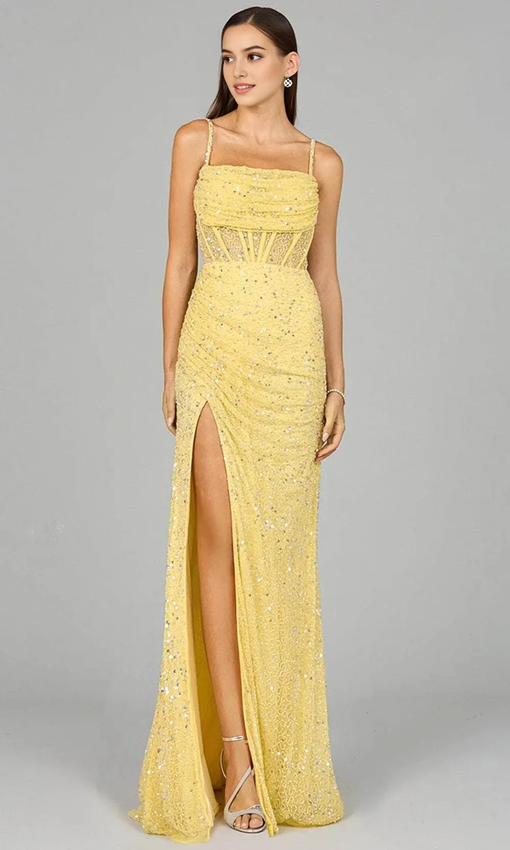 Glamorous Black Sequin Evening Gown with Spaghetti Straps Sheer Waist Detailing and High Side Slit  Perfect for Formal Occasions Proms and Galas