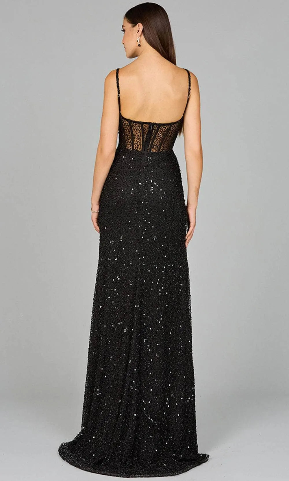 Glamorous Black Sequin Evening Gown with Spaghetti Straps Sheer Waist Detailing and High Side Slit  Perfect for Formal Occasions Proms and Galas