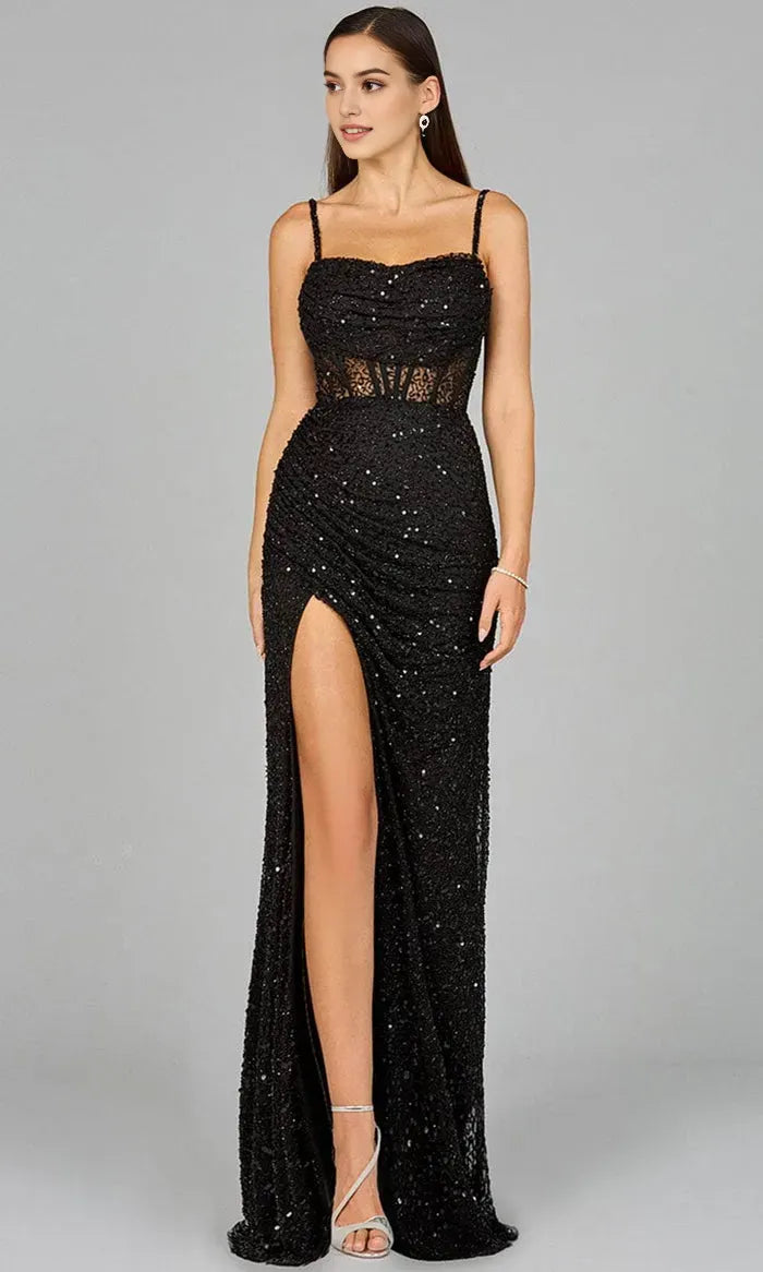 Glamorous Black Sequin Evening Gown with Spaghetti Straps Sheer Waist Detailing and High Side Slit  Perfect for Formal Occasions Proms and Galas