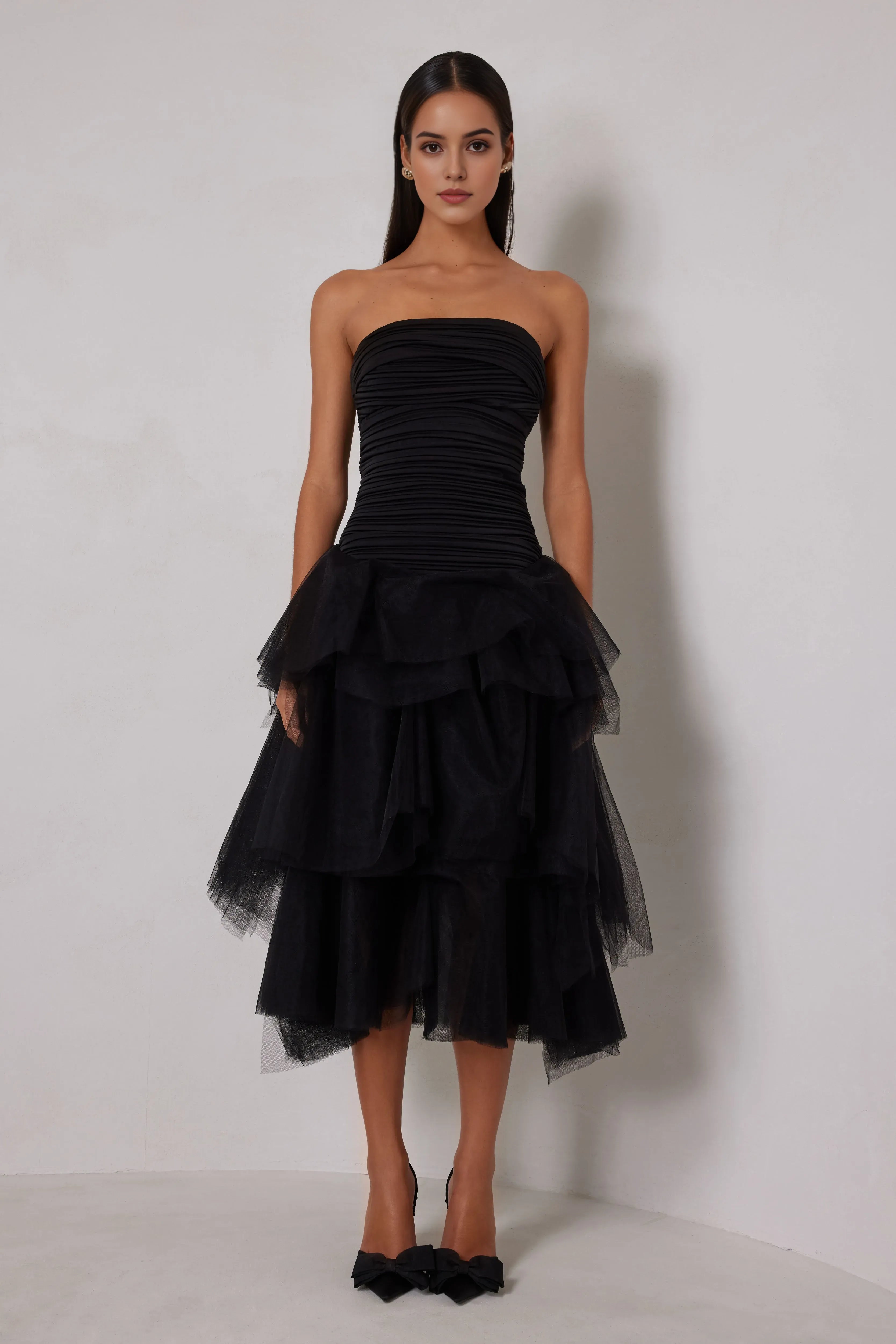 Glamorous Black Sheath Strapless Ruched Sleeveless Back Tulle Back Zip High-Low Prom Dresses