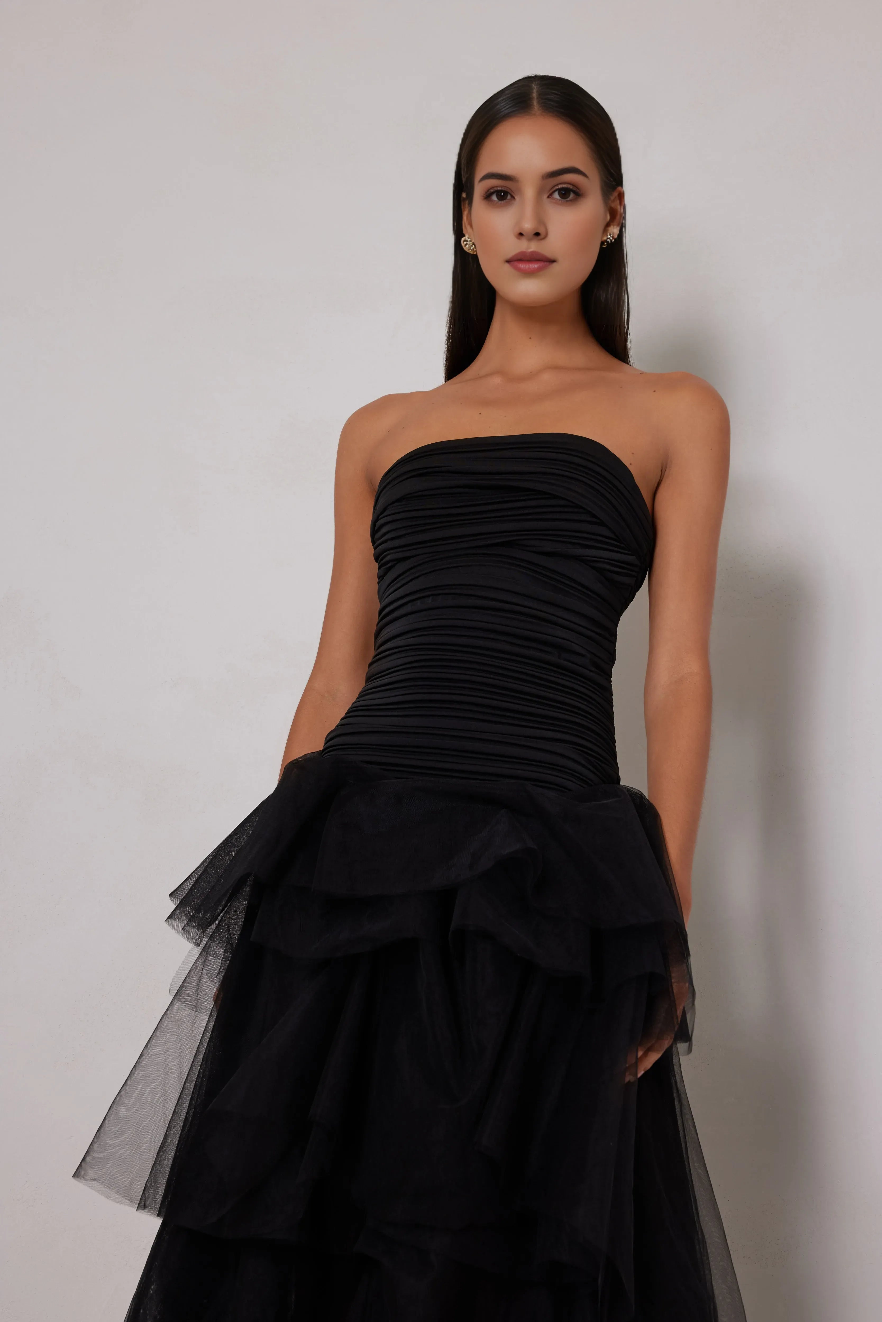 Glamorous Black Sheath Strapless Ruched Sleeveless Back Tulle Back Zip High-Low Prom Dresses