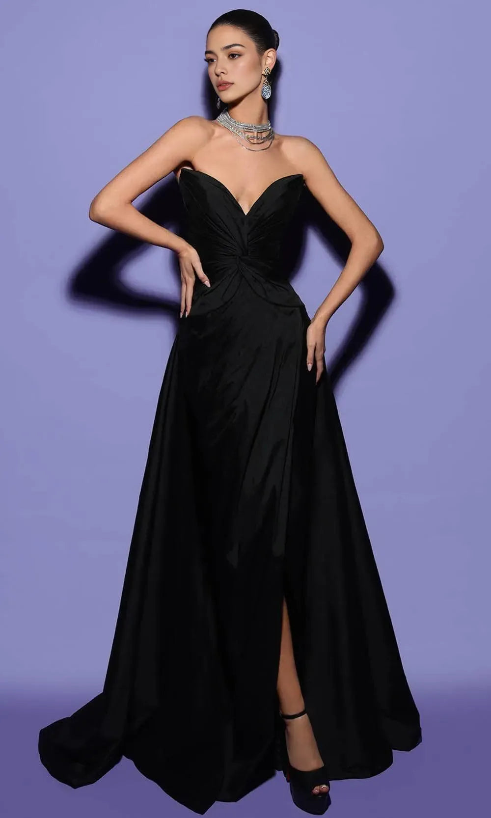 Glamorous Black Strapless Evening Dresses with Draped Bodice Side Slit and Flowing Train  Ideal for Red Carpet Events  Formal Galas