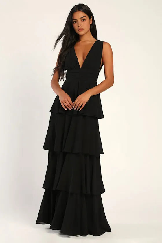 Glamorous Black Tiered Evening Dresses with Plunging V Neckline and Sleeveless Design Perfect for Formal Galas and Night  Time