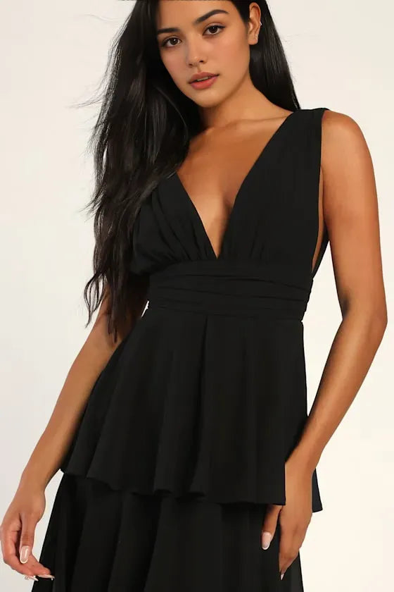 Glamorous Black Tiered Evening Dresses with Plunging V Neckline and Sleeveless Design Perfect for Formal Galas and Night  Time