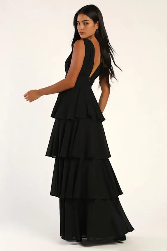 Glamorous Black Tiered Evening Dresses with Plunging V Neckline and Sleeveless Design Perfect for Formal Galas and Night  Time