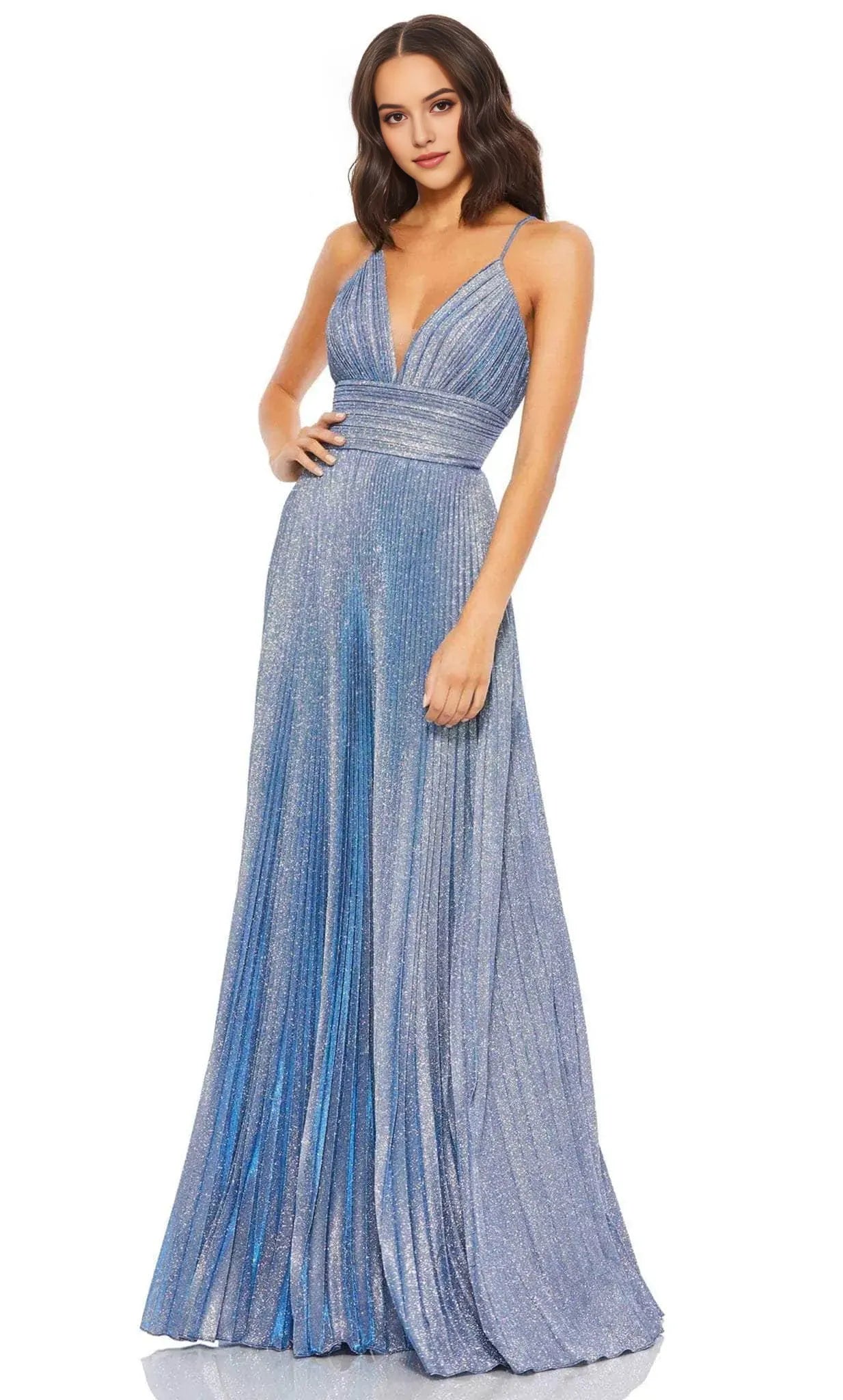 Glamorous Blue Shimmer Pleated Evening Dresses with Spaghetti Straps and Deep V Neckline A Sparkling Choice for Proms Galas and Red  Carpet Events
