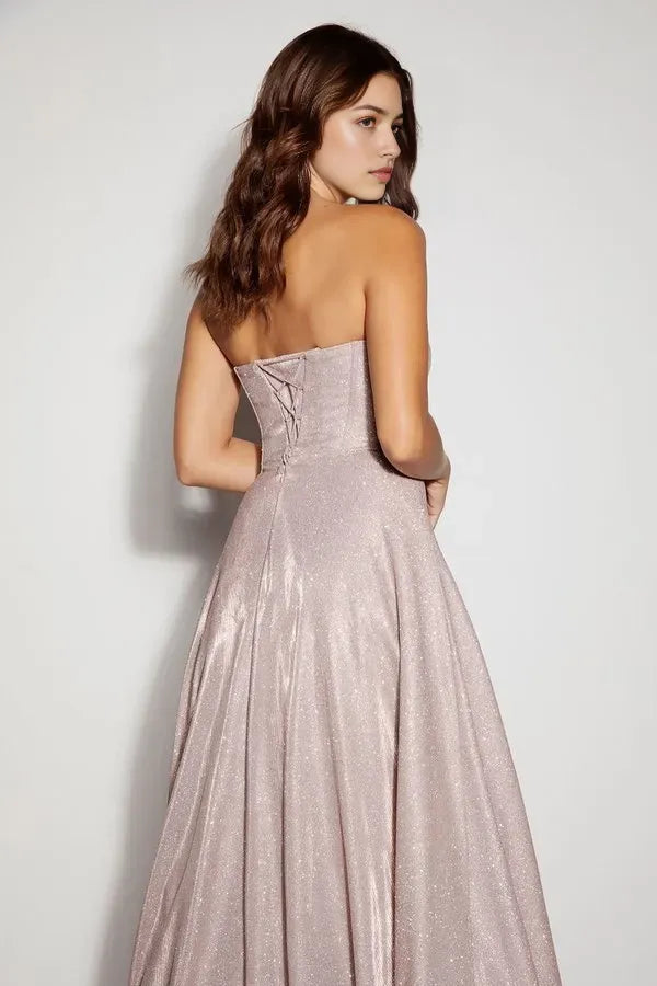 Glamorous Blush Glitter Strapless Prom Dress with Sweetheart Neckline and Flowy A - Line Skirt for Formal Occasions