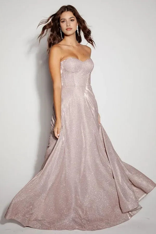 Glamorous Blush Glitter Strapless Prom Dress with Sweetheart Neckline and Flowy A - Line Skirt for Formal Occasions