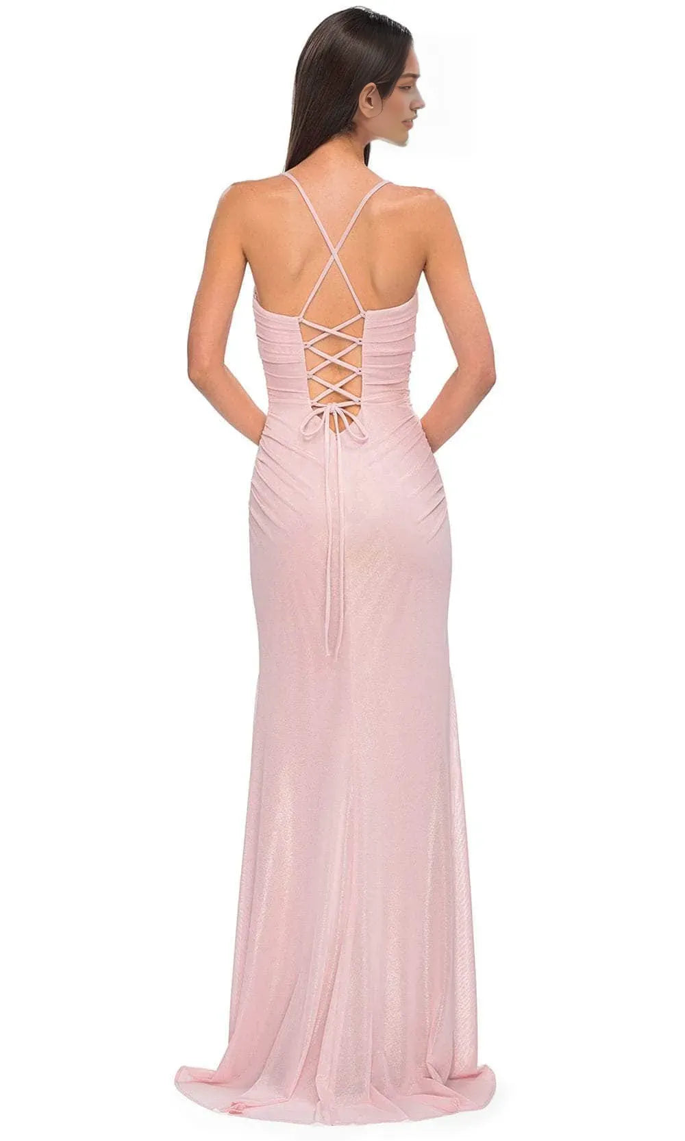 Glamorous Blush Pink Mermaid Gown Ruched Bodice Spaghetti Straps Side Slit Ideal for Prom Nights