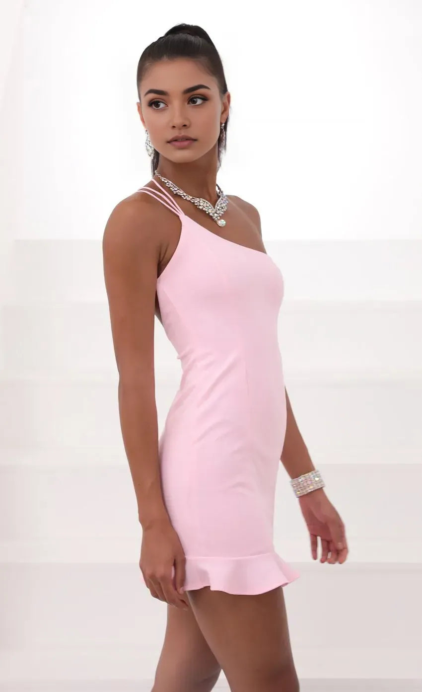 Glamorous Blush Pink One - Shoulder Dress Double Spaghetti Straps Bodycon Silhouette and Ruffled Hem for Unforgettable Homecoming Nights