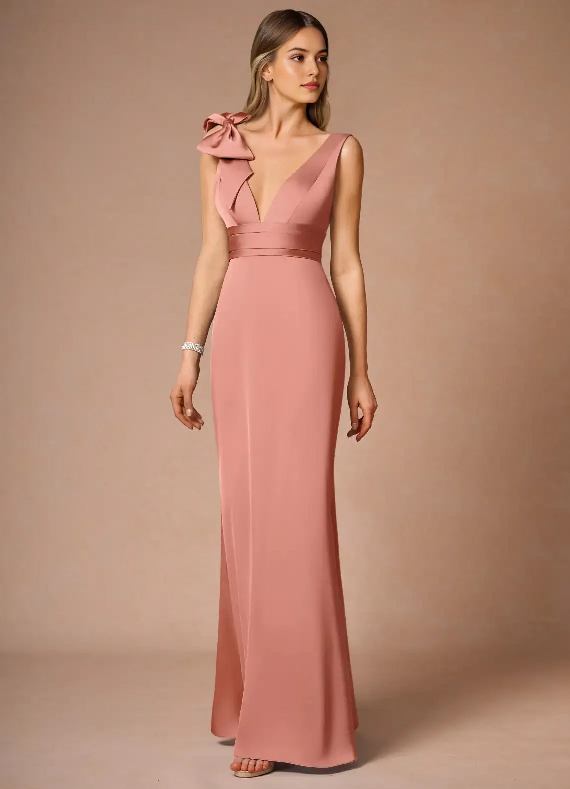 Glamorous Blush Pink Prom Dresses Deep V - Neck One - Shoulder Bow Detail and Figure - Hugging Fit for Memorable Evenings