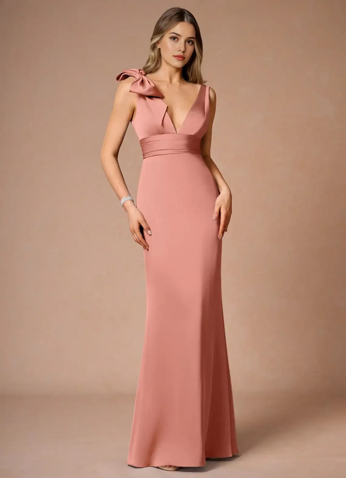 Glamorous Blush Pink Prom Dresses Deep V - Neck One - Shoulder Bow Detail and Figure - Hugging Fit for Memorable Evenings