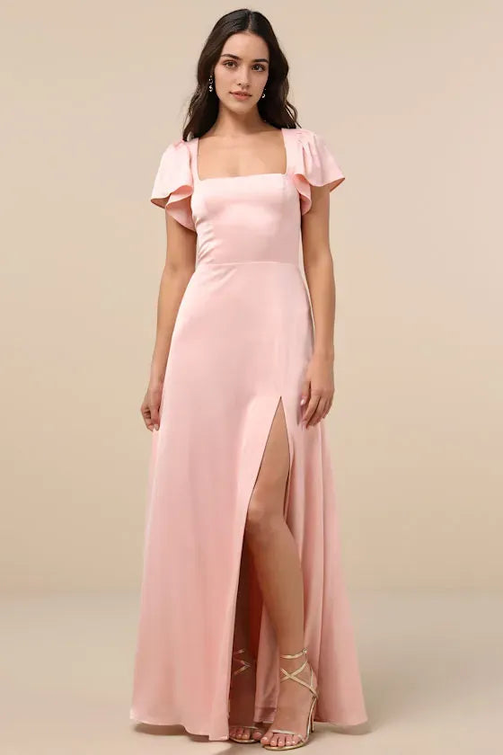 Glamorous Blush Pink Prom Dresses Ruffled Flutter Sleeves Square Neckline Side Slit  Silky Satin Fabric for Prom Night Sophistication
