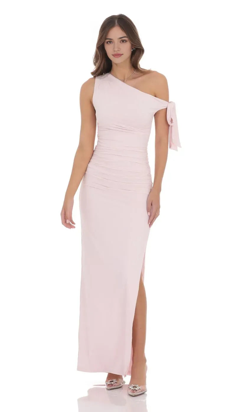 Glamorous Blush Pink Prom Gown with Asymmetric One - Shoulder Ruched Detailing and Bow  Tied Sleeve  Perfect for Formal Galas