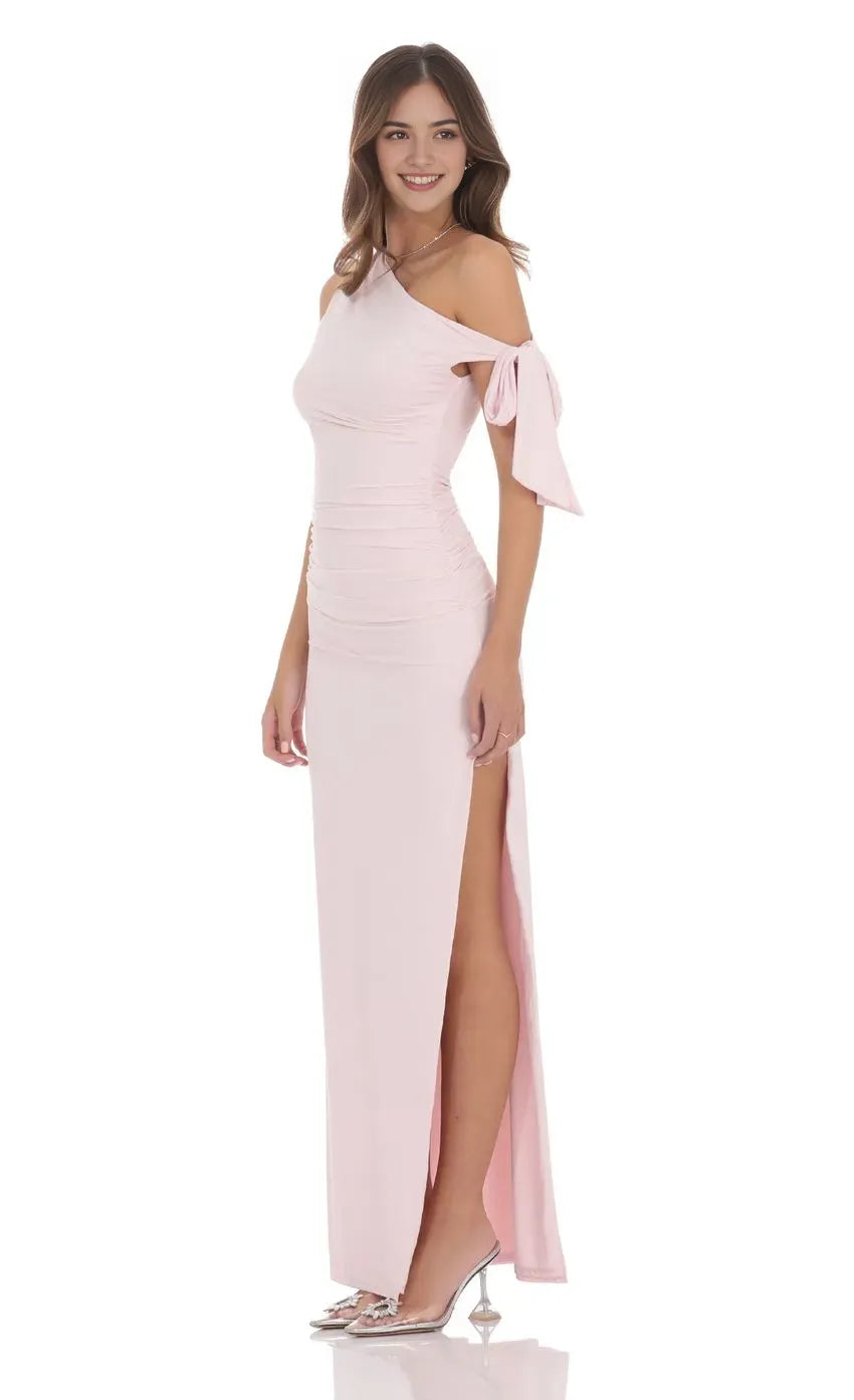 Glamorous Blush Pink Prom Gown with Asymmetric One - Shoulder Ruched Detailing and Bow  Tied Sleeve  Perfect for Formal Galas