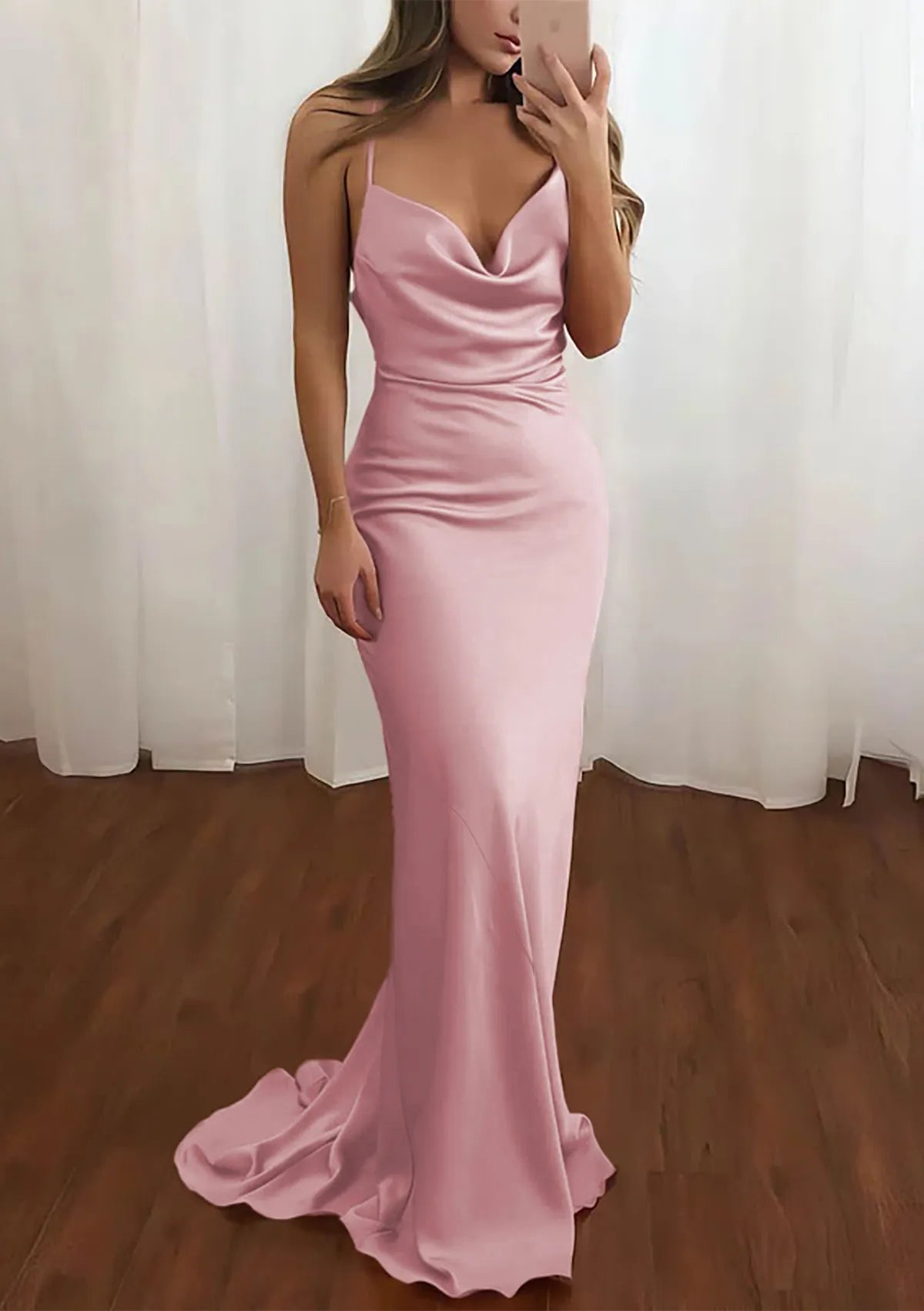 Glamorous Blush Satin Cowl Neck Prom Gown A Perfect Blend of Sexiness and Elegance