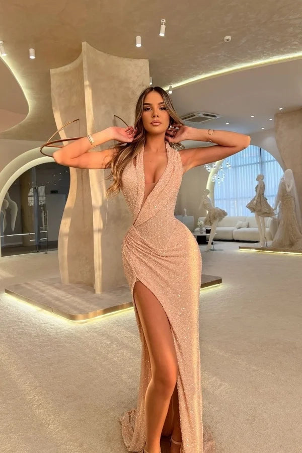 Glamorous Bodycon Halter Sequin Champagne Maxi Evening Dress