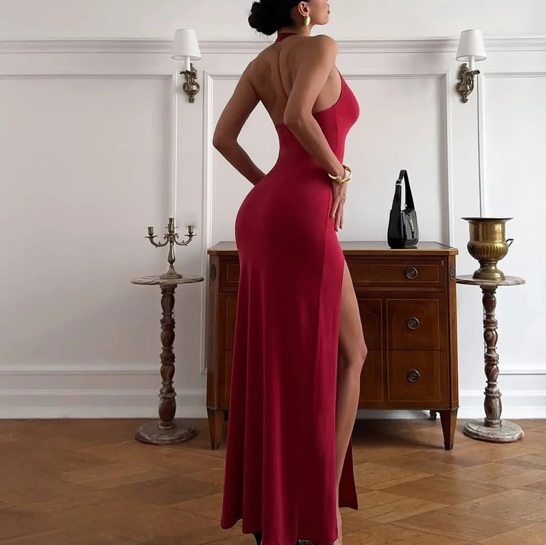 Glamorous Bodycon Halter Sleeveless Rose Red Maxi Prom Dress