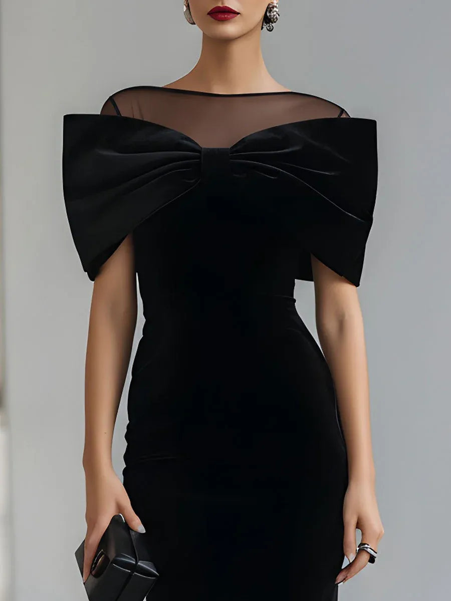 Glamorous Bodycon Sheer Neck Bow Detail Black Midi Evening Dresses