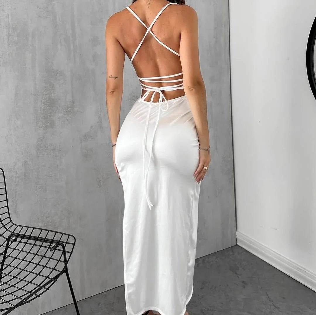Glamorous Bodycon Square Neck Split White Maxi Prom Dress