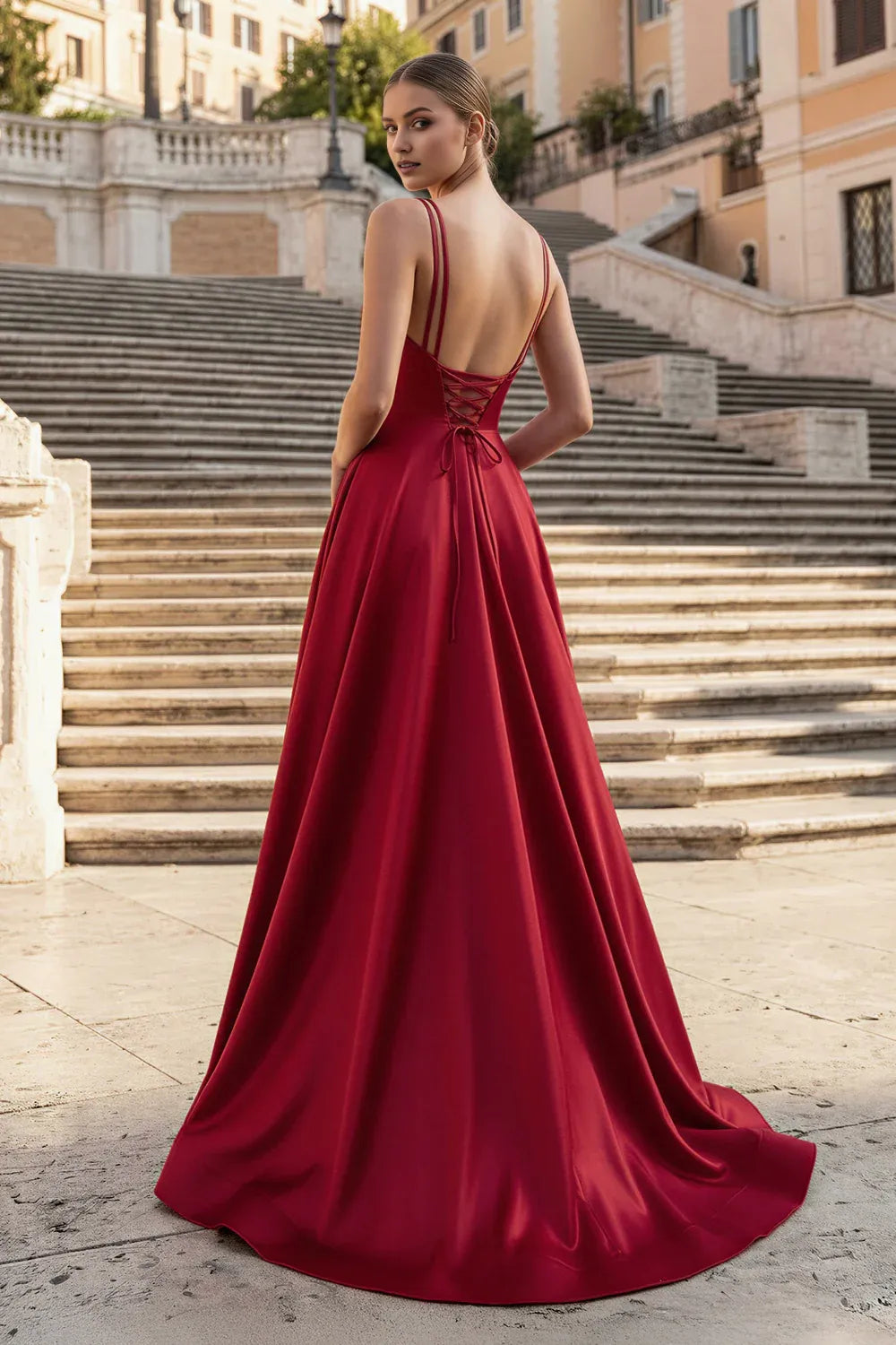 Glamorous Burgundy A-Line V-Neck Sleeveless Lace-Up Floor-Length Satin Prom Dresses With Slit