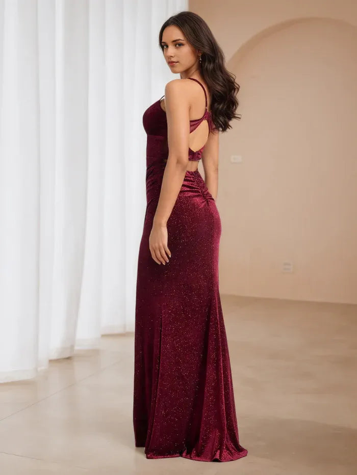 Glamorous Burgundy Glitter Velvet Prom Dress Plunge Neckline Spaghetti Straps  Sculpted Fit to Elevate Gala Style