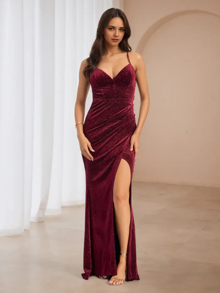 Glamorous Burgundy Glitter Velvet Prom Dress Plunge Neckline Spaghetti Straps  Sculpted Fit to Elevate Gala Style