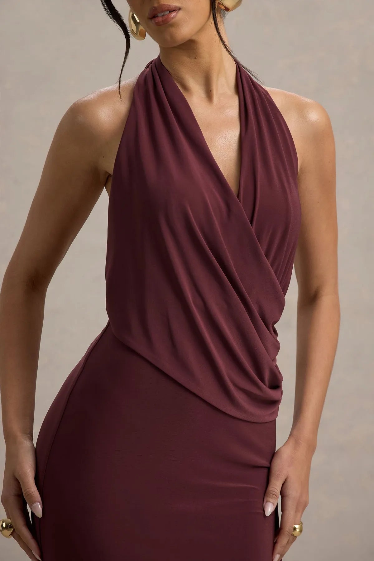 Glamorous Burgundy Neck Prom Dresses with Draped Overlay and Side Slit for a Sophisticated Evening Look