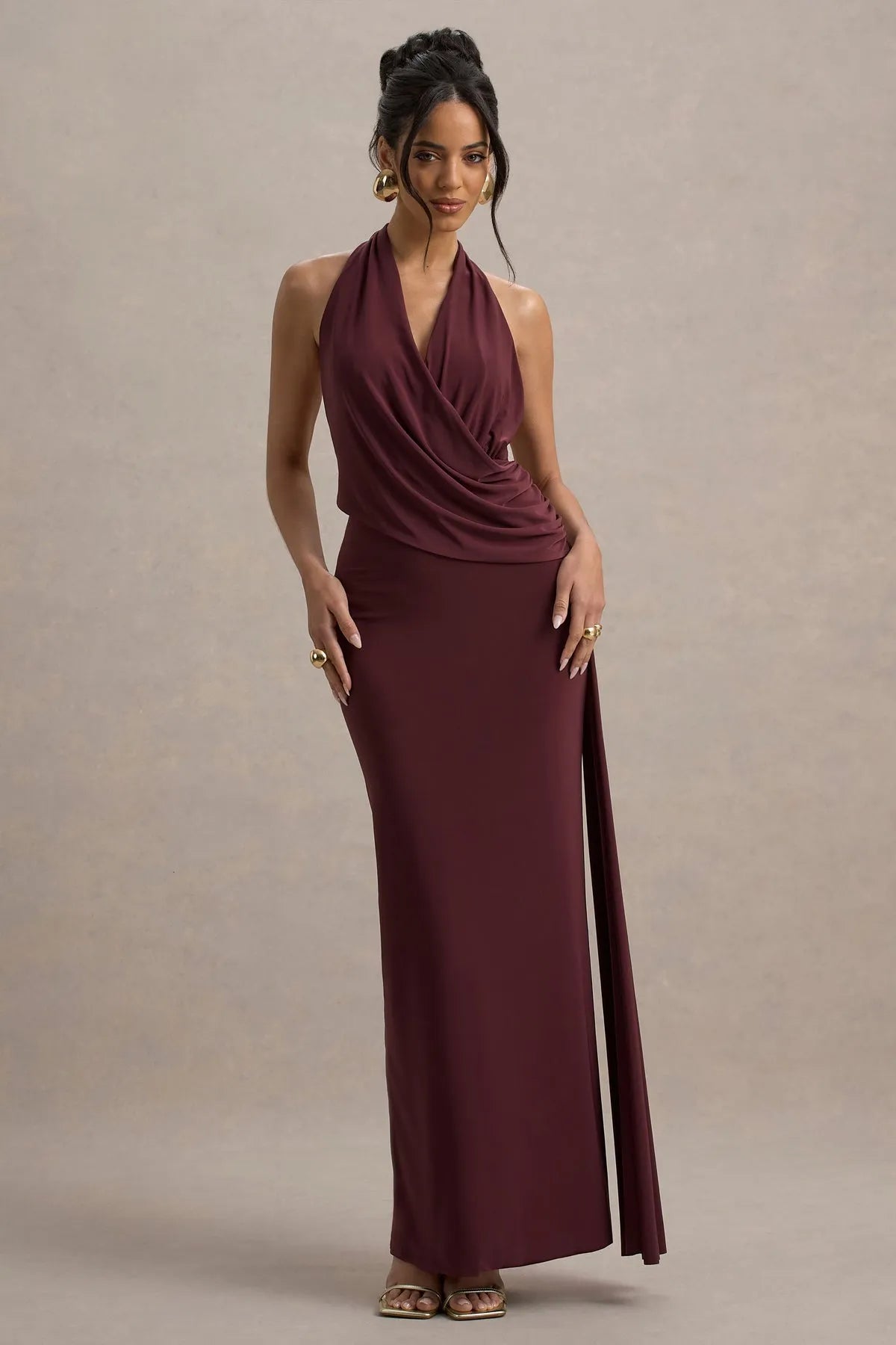 Glamorous Burgundy Neck Prom Dresses with Draped Overlay and Side Slit for a Sophisticated Evening Look