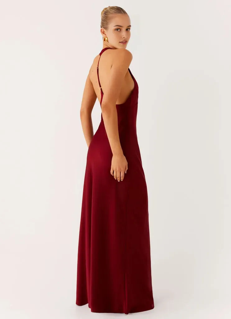 Glamorous Burgundy Prom Gown Halter Neckline Plunging V - Cut Satin Fabric and Side Slit for Memorable Evenings