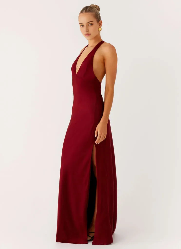 Glamorous Burgundy Prom Gown Halter Neckline Plunging V - Cut Satin Fabric and Side Slit for Memorable Evenings