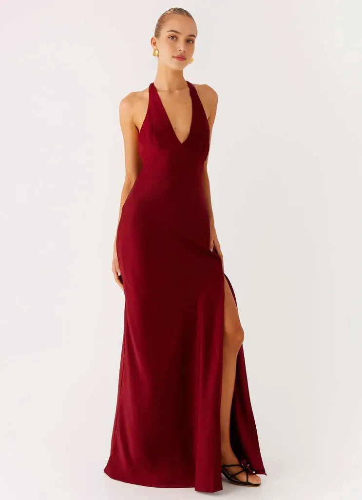 Glamorous Burgundy Prom Gown Halter Neckline Plunging V - Cut Satin Fabric and Side Slit for Memorable Evenings