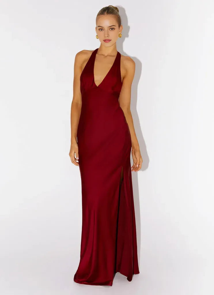 Glamorous Burgundy Prom Gown Halter Neckline Plunging V - Cut Satin Fabric and Side Slit for Memorable Evenings